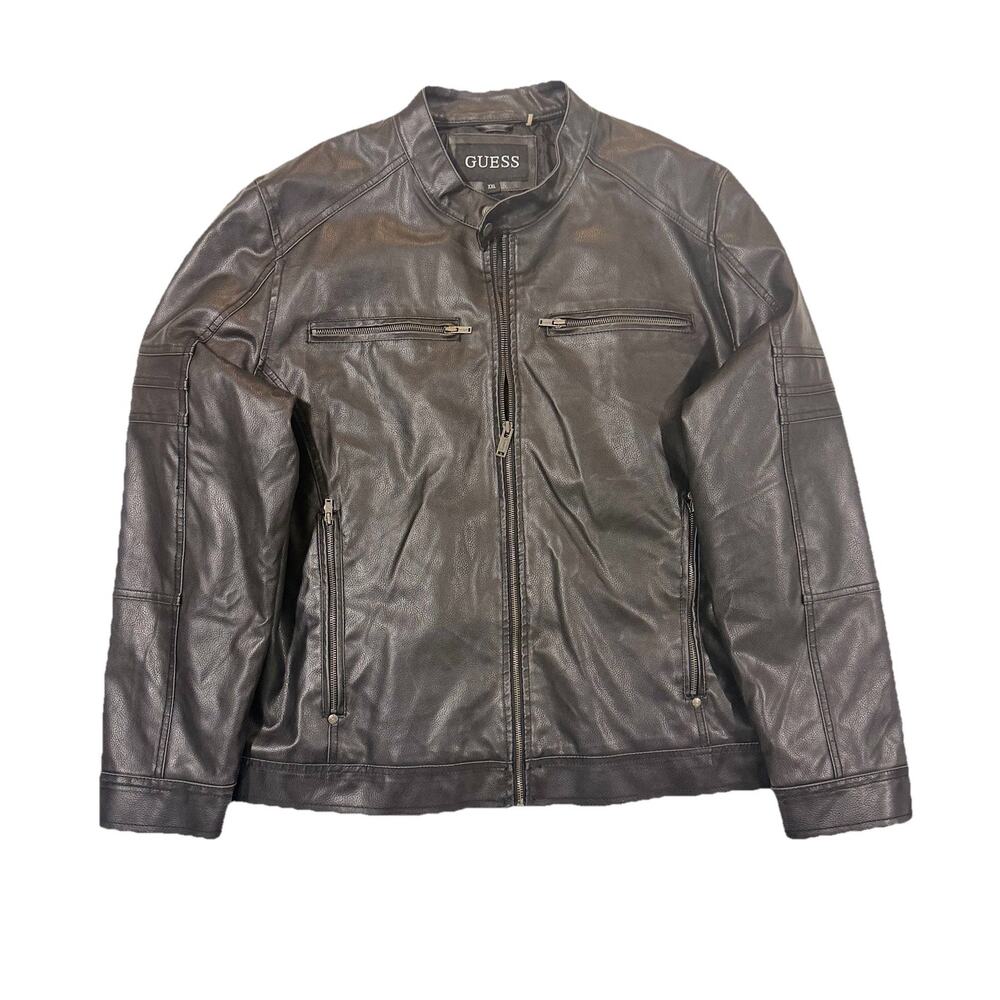 Guess Mens Sz XXL 6-Pocket Zip Up Black Motorcycle Jacket Quilted Lined.